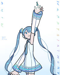 Rule 34 | 1girl, adapted costume, arm up, artist name, blue background, blue eyes, blue hair, blue necktie, bodysuit, character name, closed mouth, commentary, cowboy shot, cross-shaped pupils, dated, detached sleeves, fucca, gradient background, hair ornament, happy birthday, hatsune miku, headset, highres, light blush, light smile, long hair, looking up, loose hair strand, musical note, necktie, one eye covered, reaching, see-through, see-through skirt, see-through sleeves, shorts, skirt, sleeveless, sleeveless bodysuit, solo, symbol-only commentary, symbol-shaped pupils, twintails, very long hair, vocaloid, wavy hair, white background, white bodysuit