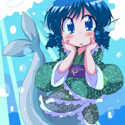 Rule 34 | 1girl, blue eyes, blue hair, blush, fins, geetsu, hands on own cheeks, hands on own face, head fins, japanese clothes, looking at viewer, matching hair/eyes, mermaid, monster girl, short hair, solo, touhou, underwater, wakasagihime