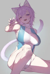 Rule 34 | 1girl, absurdres, ahoge, animal ear fluff, animal ears, armpit crease, armpits, blue one-piece swimsuit, breasts, cat ears, cat tail, claw pose, competition swimsuit, covered collarbone, feet out of frame, foreshortening, grey background, groin, highres, hololive, knee up, knees, large breasts, medium hair, nail polish, nekomata okayu, on ground, one-piece swimsuit, open mouth, purple eyes, purple hair, purple nails, reaching, reaching towards viewer, shade, simple background, sitting, solo, swimsuit, tail, teeth, theflatfacadeds, two-tone swimsuit, uvula, virtual youtuber, white one-piece swimsuit