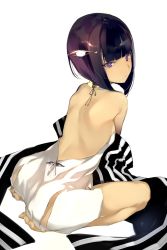 Rule 34 | 1girl, back, bare back, bare shoulders, barefoot, blunt bangs, bob cut, dress, from behind, hair ornament, highres, leaning forward, looking back, original, plantar flexion, purple eyes, purple hair, seiza, short hair, shunsei (muratou), simple background, sitting, solo, strapless, strapless dress, striped, toes, vertical stripes, white background