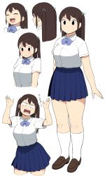 Rule 34 | 1girl, :d, accio, anger vein, angry, black eyes, brown hair, character sheet, dress shirt, embarrassed, hair ribbon, highres, kneehighs, loafers, open mouth, original, pleated skirt, ribbon, school uniform, shirt, shoes, short sleeves, skirt, smile, socks, sweatdrop, tanuma miyuki, twintails, two side up, wavy mouth, white socks