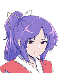 Rule 34 | 1girl, closed mouth, expressionless, hair ribbon, japanese clothes, long hair, looking at viewer, meira (touhou), parted bangs, pink eyes, purple hair, ribbon, shio (futatsumami), simple background, solo, touhou, touhou (pc-98), tsurime, upper body, white background, white ribbon