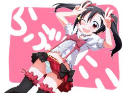 Rule 34 | 10s, 1girl, ;d, black hair, black thighhighs, blush, bokura wa ima no naka de, bow, double v, frills, hair bow, highres, hottan!, long hair, looking at viewer, love live!, love live! school idol project, midriff, navel, one eye closed, open mouth, panties, pantyshot, red eyes, skirt, smile, solo, striped clothes, striped panties, thighhighs, twintails, underwear, upskirt, v, wink, yazawa nico