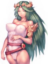 Rule 34 | 1girl, bare shoulders, breasts, cameltoe, circlet, covered erect nipples, fumio (rsqkr), green eyes, green hair, highleg, highleg leotard, jewelry, kid icarus, kid icarus uprising, large breasts, leotard, light smile, long hair, lots of jewelry, matching hair/eyes, nintendo, nipples, palutena, simple background, smile, solo, thighs, very long hair, white background