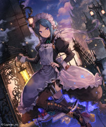 Rule 34 | 10s, 1girl, apple, black thighhighs, clothes lift, collared dress, dress, ezusuke, food, fruit, garter straps, grapes, highres, maid, orange (fruit), outdoors, pear, shingeki no bahamut, solo, standing, standing on one leg, thighhighs, weapon