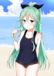 Rule 34 | 10s, 1girl, :o, alternate costume, arm behind back, bare arms, bare shoulders, beach, black one-piece swimsuit, black ribbon, blue sky, blush, cloud, collarbone, covered navel, cowboy shot, day, embarrassed, facing viewer, flat chest, flipped hair, flying sweatdrops, green eyes, green hair, hair between eyes, hair ornament, hair ribbon, hairclip, hand up, high ponytail, highres, hip focus, holding, holding hair, kantai collection, kitajima yuuki, legs together, long hair, looking at viewer, ocean, old school swimsuit, one-piece swimsuit, outdoors, parted bangs, parted lips, ponytail, ribbon, sand, school swimsuit, sidelocks, sky, solo, standing, straight hair, surprised, swimsuit, thighs, very long hair, water, wet, wet clothes, wet hair, yamakaze (kancolle)