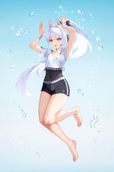 Rule 34 | 1girl, absurdres, alternate costume, animal ears, barefoot, black shorts, blue archive, blue eyes, blue halo, blush, breasts, collarbone, covered navel, fake animal ears, full body, grey hair, hair between eyes, halo, highres, long hair, looking at viewer, medium breasts, mikanjam, miyako (blue archive), open mouth, ponytail, rabbit ears, shirt, short sleeves, shorts, smile, solo, toes, white shirt