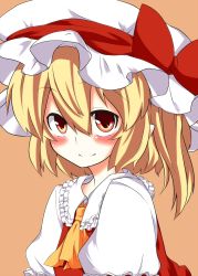 Rule 34 | 1girl, bad id, bad pixiv id, blonde hair, blouse, blush, brown background, collared shirt, colorized, embodiment of scarlet devil, female focus, flandre scarlet, hair between eyes, hat, highres, mob cap, one side up, orange eyes, shirt, short hair, side ponytail, simple background, smile, solo, suterii, touhou, white hat, white shirt