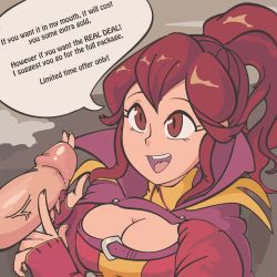 Rule 34 | 1boy, 1girl, absurdres, anna (fire emblem), breasts, cleavage, davewaterfalls, fire emblem, fire emblem awakening, highres, medium breasts, nintendo, open mouth, penis, poking, poking penis, ponytail, red eyes, red hair, smile