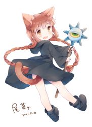 Rule 34 | 1girl, animal ears, artist name, black footwear, black robe, blush, boots, braid, brown eyes, brown hair, cat ears, cat tail, commentary request, dated, from behind, full body, holding, holding staff, hood, hood down, hooded robe, ivy1993, kemonomimi mode, kukuri (mahoujin guruguru), long hair, long sleeves, looking at viewer, looking back, mahoujin guruguru, open mouth, robe, simple background, smile, solo, staff, tail, twin braids, white background