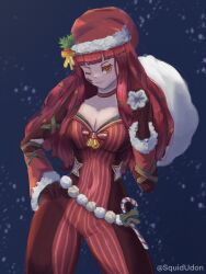 Rule 34 | 1girl, blue cape, bodysuit, breasts, candy, candy cane, cape, christmas, facial mark, fire emblem, fire emblem engage, fire emblem heroes, food, hair ornament, hand on own hip, hat, highres, holding, holding sack, holly, holly hair ornament, large breasts, multicolored cape, multicolored clothes, nintendo, official alternate costume, red bodysuit, red cape, sack, santa hat, squidudon12, star (symbol), star facial mark, star hair ornament, star print, two-tone cape, yunaka (fire emblem), yunaka (fire emblem) (spirited envoy)