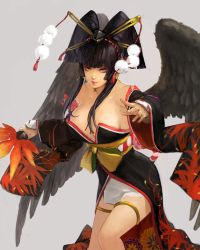 Rule 34 | 1girl, bad id, bad pixiv id, bare shoulders, bird wings, black hair, black wings, blunt bangs, breasts, cleavage, dead or alive, dead or alive 5, detached sleeves, feathered wings, female focus, floral print, hair ornament, hair stick, hair tubes, hand fan, hat, holding, japanese clothes, large breasts, lips, long hair, long sleeves, looking at viewer, nyotengu, overskirt, pink eyes, pom pom (clothes), purple eyes, silver background, simple background, solo, take no ko (dodon), tecmo, tokin hat, wings