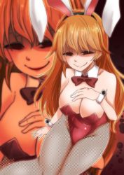 Rule 34 | 1girl, alternate costume, animal ears, aura, blood, blood splatter, blurry, blurry background, breasts, brown hair, cleavage, cowboy shot, detached collar, earrings, evil smile, fake animal ears, false smile, fishnet pantyhose, fishnets, hair between eyes, half-closed eyes, highres, hip focus, jewelry, junko (touhou), knees together feet apart, large breasts, leotard, looking at viewer, navel, outline, pantyhose, parted lips, playboy bunny, rabbit ears, red eyes, shaded face, shiny clothes, smile, solo, takorice, thighs, touhou, wavy mouth, wrist cuffs, zoom layer