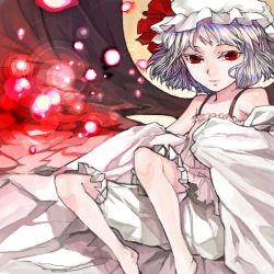 Rule 34 | 1girl, bare legs, barefoot, bloomers, camisole, collarbone, female focus, frills, glowing, hat, looking at viewer, mob cap, orb, red eyes, remilia scarlet, short hair, silver hair, sitting, solo, touhou, underwear, white bloomers, white hat, xero