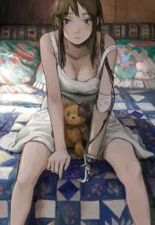 Rule 34 | 1girl, absurdres, amputee, bad id, bad pixiv id, bare arms, breasts, brown eyes, brown hair, cleavage, closed mouth, collarbone, commentary request, dress, expressionless, highres, huge filesize, leaning forward, long hair, looking at viewer, on bed, original, pillow, prosthesis, prosthetic arm, sidelocks, sitting, sleeveless, sleeveless dress, solo, stuffed animal, stuffed toy, teddy bear, tomiya (tomiya2117), white dress