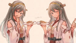 Rule 34 | 2girls, artist name, beige background, black hair, commentary request, detached sleeves, dual persona, hair ornament, hairband, hairclip, haruna (kancolle), headgear, index finger raised, kantai collection, long hair, looking at viewer, multiple girls, red skirt, ribbon-trimmed sleeves, ribbon trim, simple background, skirt, wss (nicoseiga19993411)