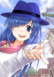 Rule 34 | 1girl, ;d, blouse, blue eyes, blue hair, blue hat, blue sky, building, clip studio paint (medium), cloud, collarbone, day, hat, kagehi no loo, light particles, long hair, long sleeves, looking at viewer, lorna, mabinogi, making-of available, one eye closed, open mouth, outdoors, outstretched arm, pink sailor collar, sailor collar, shirt, sky, smile, solo, swept bangs, teeth, tree, upper teeth only, white shirt