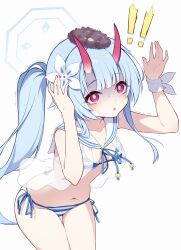 Rule 34 | !, 1girl, absurdres, animal, animal on head, arms up, bikini, blue archive, blue hair, blush, breasts, chise (blue archive), chise (swimsuit) (blue archive), diieru, flower, hair flower, hair ornament, halo, highres, horns, leaning forward, long hair, on head, oni horns, parted lips, pink eyes, ponytail, sailor collar, simple background, small breasts, solo, striped bikini, striped clothes, swimsuit, very long hair, white background, white sailor collar