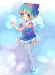 Rule 34 | 1girl, arm up, ballerina, blue bow, blue dress, blue eyes, blue footwear, blue hair, blush, bow, cirno, collared shirt, dress, expressionless, frilled dress, frills, full body, hair bow, high heels, ice, ice wings, looking back, looking to the side, neck ribbon, pantyhose, paragasu (parags112), pinafore dress, puffy short sleeves, puffy sleeves, red ribbon, ribbon, shirt, short hair, short sleeves, sleeveless dress, solo, touhou, white pantyhose, white shirt, wings