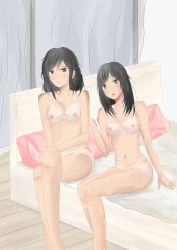Rule 34 | 2girls, absurdres, arm support, barefoot, bed, bedroom, bikini tan, black hair, blanket, blush, breasts, brown eyes, collarbone, completely nude, curtains, friends, hand on another&#039;s back, highres, crossed legs, long hair, looking at viewer, medium breasts, multiple girls, navel, nipples, nude, on bed, open mouth, original, parted lips, pillow, sitting, take your pick, tan, tanline, teeth, window, yuri