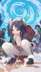Rule 34 | 1girl, animal, backpack, bad id, bad pixiv id, bag, black footwear, black hair, black jacket, blue sky, blush, brown eyes, cat girl, cat tail, clenched hand, cloud, day, dog, embarrassed, female focus, flat chest, full body, hair ribbon, hand to own mouth, hand up, holding tail, jacket, long sleeves, looking to the side, medium hair, miniskirt, mumu (mumumu gaman), nose blush, open mouth, original, outdoors, panties, panties under pantyhose, pantyhose, pantyshot, parted bangs, pee, peeing, peeing self, people, puddle, randoseru, red ribbon, red skirt, ribbon, shirt, shoes, sidelocks, skirt, sky, solo focus, squatting, steam, sweat, tail, tears, two side up, underwear, upskirt, wavy hair, wet, wet clothes, white panties, white pantyhose, white shirt