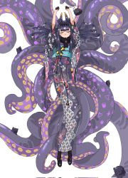 Rule 34 | 1girl, bag, black gloves, clenched hands, closed eyes, commentary, english commentary, floating hair, gloves, gurumie, highres, holding, holding bag, hololive, hololive english, horns, japanese clothes, kimono, ninomae ina&#039;nis, ninomae ina&#039;nis (new year), obi, official alternate costume, purple hair, purple kimono, sash, smile, solo, takodachi (ninomae ina&#039;nis), tentacles, virtual youtuber, white background