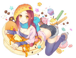 Rule 34 | 1girl, bent over, blue scarf, blush, breasts, butter, candy, cleavage, cupcake, doughnut, food, food-themed clothes, fur trim, ginta, grin, gummy bear, hat, hat ornament, in food, long hair, looking at viewer, midriff, original, oversized object, pancake, purple thighhighs, red hair, ribbed legwear, scarf, short shorts, shorts, simple background, sleeves past wrists, smile, solo, star (symbol), sweets, thighhighs, white background, yellow eyes