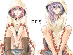 Rule 34 | 1990s (style), 2girls, boots, breasts, brown footwear, dress, faris scherwiz, final fantasy, final fantasy v, green eyes, hair between eyes, hood, jewelry, lenna charlotte tycoon, long hair, looking at viewer, multiple girls, necklace, parted lips, pigeon-toed, pink hair, purple hair, retro artstyle, robe, short hair, simple background, sitting, smile, white background, white mage (final fantasy)