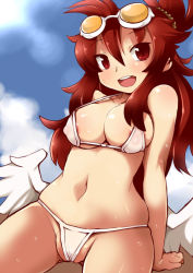 Rule 34 | 1girl, bikini, breasts, cameltoe, cleavage, cloud, day, fat mons, goggles, goggles on head, large breasts, lens flare, lillithlauda, long hair, low wings, navel, open mouth, red eyes, red hair, shinrabanshou, shiten rekka karin, sky, smile, solo, strap gap, swimsuit, white bikini, wings