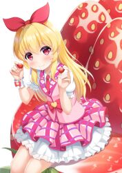 Rule 34 | 1girl, 7fuji 06, aikatsu!, aikatsu! (series), blonde hair, blush, bow, collared dress, dress, food, frilled dress, frills, fruit, hair bow, highres, holding, holding food, holding fruit, hoshimiya ichigo, layered dress, long hair, looking at viewer, necktie, on food, oversized food, oversized object, red eyes, short sleeves, single wrist cuff, sitting, smile, solo, strawberry, very long hair, wrist cuffs
