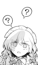 Rule 34 | 1girl, ?, empty eyes, eyes visible through hair, furrowed brow, greyscale, highres, izayoi sakuya, maid headdress, monochrome, open mouth, penis shadow, portrait, risui (suzu rks), simple background, solo, spoken question mark, sweat, touhou, upper body, white background, wing collar