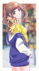 Rule 34 | 1girl, absurdres, amawa kazuhiro, animal, animal on shoulder, blurry, blurry background, border, brown hair, cardigan, cat, cat on shoulder, collarbone, from side, grin, healin&#039; good precure, highres, hiramitsu hinata, hooded cardigan, long hair, long sleeves, looking at viewer, nyatoran (precure), open cardigan, open clothes, outside border, precure, shirt, short shorts, shorts, smile, solo, standing, twintails, white border, yellow shirt