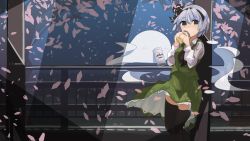Rule 34 | 1girl, black hairband, black ribbon, black thighhighs, blush, can, cherry blossoms, commentary request, drinking, green eyes, green skirt, green vest, grey hair, hair ribbon, hairband, highres, holding, holding can, konpaku youmu, konpaku youmu (ghost), long sleeves, pegina, petals, railing, ribbon, shirt, short hair, skirt, solo, thick eyebrows, thighhighs, touhou, tree, vest, white shirt