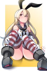 Rule 34 | 1girl, absurdres, artist name, ass, baileys (tranquillity650), black neckerchief, blonde hair, blue sailor collar, brown eyes, closed mouth, collarbone, crop top, elbow gloves, gloves, hair between eyes, highres, kantai collection, long hair, neckerchief, rudder footwear, sailor collar, school uniform, serafuku, shimakaze (kancolle), signature, sleeveless, solo, striped clothes, striped thighhighs, thighhighs, twitter username, two-tone background, white gloves