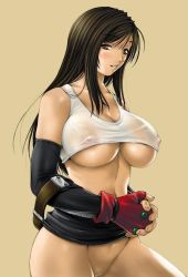 Rule 34 | 1990s (style), 1girl, black hair, blush, breasts, brown eyes, covered erect nipples, final fantasy, final fantasy vii, fingerless gloves, fumizuki misoka, gloves, jpeg artifacts, large breasts, long hair, midriff, miniskirt, nipples, no bra, no panties, own hands clasped, own hands together, pencil skirt, pussy, retro artstyle, see-through, shirt, skirt, smile, solo, tank top, taut clothes, taut shirt, tifa lockhart, uncensored, underboob, wet, wet clothes, wet shirt