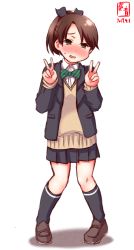 Rule 34 | 1girl, alternate costume, black skirt, black socks, blazer, blush, bow, bowtie, brown footwear, commentary request, dated, double v, full body, green bow, green bowtie, highres, jacket, kanon (kurogane knights), kantai collection, kneehighs, legs together, loafers, pleated skirt, revision, school uniform, shikinami (kancolle), shoes, simple background, skirt, socks, solo, striped bow, striped bowtie, striped clothes, striped neckwear, sweater vest, twitter username, v, white background