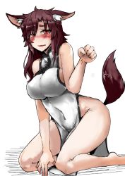 Rule 34 | 1girl, alternate costume, animal ears, bare shoulders, barefoot, blush, breasts, brown hair, china dress, chinese clothes, dress, hand up, heiseikorotaisei, hip focus, huge breasts, imaizumi kagerou, impossible clothes, impossible dress, kneeling, legs, long hair, looking at viewer, navel, open mouth, paw pose, pelvic curtain, red eyes, sideboob, simple background, sleeveless, sleeveless dress, solo, stomach, tail, thighs, touhou, wavy mouth, white background, white dress, wolf ears, wolf tail