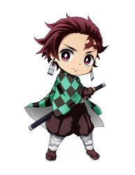 Rule 34 | &gt;:(, 1boy, brown hair, brown jacket, brown pants, chibi, closed mouth, eating, fighting stance, full body, highres, jacket, kamado tanjirou, katana, kimetsu no yaiba, kuena, light frown, long sleeves, looking at viewer, male focus, open clothes, pants, puffy pants, ready to draw, red eyes, scar, scar on face, scar on forehead, sheath, sheathed, simple background, solo, standing, sword, v-shaped eyebrows, weapon, white background, wide sleeves