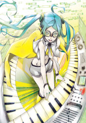 Rule 34 | 00s, 1girl, aqua hair, blue eyes, boots, bracelet, goggles, hatsune miku, headphones, headset, instrument, jewelry, keyboard, keyboard (instrument), knee boots, long hair, midriff, necktie, open mouth, project diva (series), project diva 2nd, shiro (nitto), solo, twintails, very long hair, vocaloid, yellow (vocaloid)