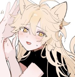 Rule 34 | 1boy, aether (genshin impact), ahoge, alternate costume, androgynous, animal ears, black shirt, blonde hair, blush, cat boy, cat ears, cat tail, earrings, genshin impact, grey background, hair down, highres, jewelry, liiill gerohaku, long hair, male focus, nervous, open mouth, shirt, short sleeves, sketch, smile, solo, tail