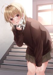 Rule 34 | 1girl, :d, absurdres, ahoge, akagikou, blonde hair, blush, brown skirt, brown sweater, commentary request, feet out of frame, hair intakes, highres, indoors, long sleeves, looking at viewer, mask, mask pull, mouth mask, open mouth, original, pleated skirt, red eyes, school uniform, skirt, sleeves past wrists, smile, solo, stairs, standing, surgical mask, sweater, window
