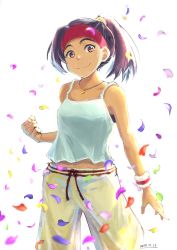 Rule 34 | 1girl, absurdres, bad id, bad pixiv id, black hair, blurry, brown eyes, camisole, clenched hand, dated, depth of field, hair tie, headband, highres, jewelry, leaf, necklace, original, ponytail, rm (sora noko), smile, solo, wristband