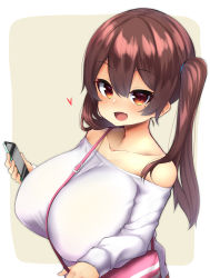Rule 34 | :d, absurdres, bag, bare shoulders, between breasts, blush, breasts, brown hair, cellphone, collarbone, fang, happy, heart, highres, holding, holding phone, huge breasts, long hair, long sleeves, looking at viewer, mole, mole under eye, off-shoulder sweater, off shoulder, open mouth, original, outside border, phone, pink bag, shoulder bag, simple background, skin fang, smartphone, smile, strap between breasts, sweater, twintails, upper body, watari1118, white sweater, yellow background, yellow eyes