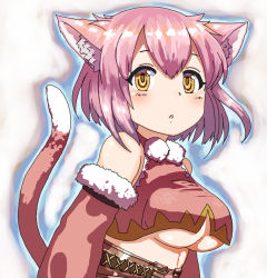 Rule 34 | 1girl, animal ears, bad id, bad pixiv id, bare shoulders, belko, blush, breasts, brown eyes, cat ears, cat tail, clulu aluminal, crop top, detached sleeves, kanpani girls, large breasts, looking at viewer, pink hair, short hair, solo, tail, underboob, white background, yellow eyes