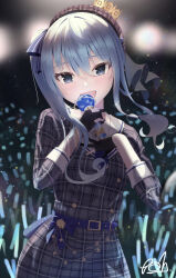 Rule 34 | 1girl, absurdres, ascot, bad id, bad pixiv id, beret, black gloves, blue ascot, blue choker, blue eyes, blue hair, blurry, bokeh, bracelet, buttons, choker, collared shirt, crown, crying, crying with eyes open, depth of field, double-breasted, gloves, glowstick, grey hat, grey jacket, grey skirt, hair between eyes, hand on own chest, happy tears, hat, highres, holding, holding microphone, hololive, hoshimachi suisei, hoshimachi suisei (1st costume), jacket, jewelry, komura hiroto, long sleeves, looking at viewer, medium hair, microphone, music, open mouth, partially fingerless gloves, plaid, plaid headwear, plaid jacket, plaid skirt, shirt, signature, singing, skirt, skirt set, solo, stage, tears, upper body, virtual youtuber, white shirt