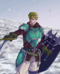 Rule 34 | 1boy, armor, axe, belt, blonde hair, cowboy shot, fire emblem, fire emblem: the blazing blade, gloves, grey gloves, harken (fire emblem), highres, holding, holding shield, holding sword, holding weapon, long sleeves, looking at viewer, male focus, nintendo, open mouth, outdoors, pants, pauldrons, pomodoro (po), purple shirt, shield, shirt, short hair, shoulder armor, snow, solo, spiked pauldrons, standing, sword, weapon, white pants, yellow eyes