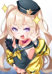 Rule 34 | 1girl, :3, azur lane, bache (azur lane), belt, blonde hair, breasts, collar, collarbone, fang, fur-trimmed jacket, fur trim, hat, highres, jacket, kirisame mia, long hair, long sleeves, looking at viewer, navel, neckerchief, off shoulder, ok sign, open mouth, purple eyes, sailor collar, small breasts, smile, solo, sparkle, upper body, yellow jacket, yellow neckerchief