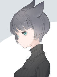 Rule 34 | 1girl, animal ears, aqua eyes, black hair, black sweater, cat ears, cat girl, closed mouth, commentary request, grey background, kinutani yutaka, looking at viewer, original, short hair, solo, sweater, turtleneck, turtleneck sweater, two-tone background, upper body, white background
