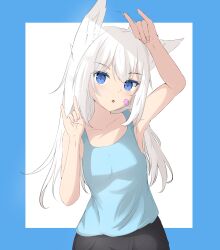 Rule 34 | 1girl, absurdres, ahoge, animal ear fluff, armpits, bandaid, bandaid on cheek, bandaid on face, bare arms, bare shoulders, black pants, blue background, blue tank top, breasts, collarbone, commentary request, double fox shadow puppet, fox girl, fox shadow puppet, hair between eyes, highres, kuronagi (mitora uwu), long hair, looking at viewer, original, pants, parted lips, small breasts, solo, tank top, two-tone background, very long hair, white background, white hair