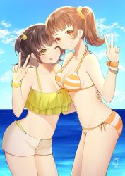 2girls ;p alternate_costume arched_back armpit_crease bare_arms bare_shoulders bikini bikini_under_clothes bikini_under_shorts blue_sky blush bracelet breasts brown_eyes brown_hair cleavage closed_mouth cloud collarbone colored_inner_hair commentary_request commission cowboy_shot day edamame_koron fingernails frilled_bikini frills from_side gems_company grin groin hair_bobbles hair_ornament hair_scrunchie halterneck hand_on_another&#039;s_back hand_on_another&#039;s_shoulder hand_up heads_together horizon hoshina_hinaka jewelry kosedo_ramu large_breasts light_particles long_hair looking_at_viewer looking_to_the_side medium_breasts multicolored_hair multiple_bracelets multiple_girls nail_polish navel ocean one_eye_closed orange_bikini orange_bracelet orange_eyes orange_nails orange_scrunchie outdoors scrunchie short_hair short_shorts shorts side-tie_bikini_bottom sideboob sidelocks sideways_glance skeb_commission sky smile stomach striped_bikini striped_clothes swimsuit thank_you thick_eyelashes tongue tongue_out turning_head twintails twitter_username two_side_up v virtual_youtuber white_shorts yellow_bikini yellow_bracelet yellow_nails